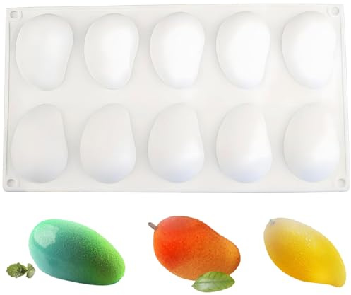 Srvauyea Moule Mangue Silicone, 10 Trous Moule à Dessert en Silicone en Forme de Mangue pour Muffins, Cupcakes, Gâteaux, Pudding, Glaçons et Gelée Moules Cuisson 3D DIY