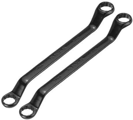 sourcing map Doppelsteckschlüssel, 45 Grad gekröpft, 17 mm x 19 mm, metrisch, 12-Punkt, Chrom-Vanadium-Stahl, lang, Industriequalität, Torx-Steckschlüssel, Reparaturwerkzeug, Schwarz, 2 Stück