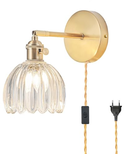 NETHCUEL Applique Murale Intérieure à Prise, Vintage avec Abat-Jour Verre Transparent Tulipe, 180° Réglable Applique Murale avec Interrupteur et Câble, Applique Murale Dorée, Ampoules Non Incluses