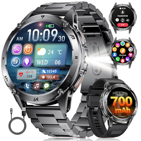 SUNKTA Smart Watch for Men with Flashlight/700 mAh Battery, 1.43'' AMOLED Military Smartwatch with Bluetooth Call Health Monitor IP68 Waterproof Fitness Tracker for Android iOS, Black