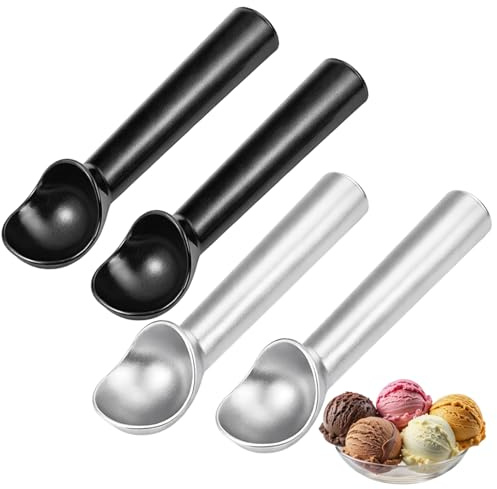 Ice Cream Scoop with Trigger, Set of 4 Cookie Scoops in Silver and Black, Professional Ice Cream Scoops for Hard Ice Cream and Cookie Dough, Ergonomic Kitchen Tool for Dessert Preparation and Party Se
