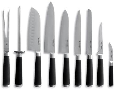 HENDI Messerset, 9 teilig, Lebensmittel konform, mit rutschfester Gummierung, mit Bequeme Tragetasche, Küchenmesser, Kochmesser, Edelstahl