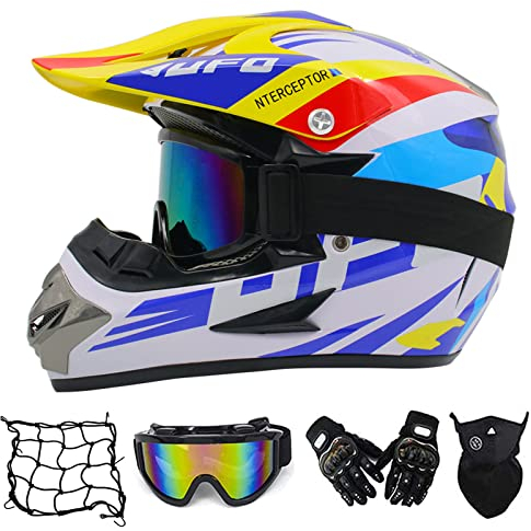 MRDEER Downhill Motocross Helm mit Brille, Fullface Helm Motorradhelm Herren Cross Helm Set mit Brille Handschuhe Maske, Abnehmbare Earmuffs Sicherheit Schutz Off Road Helm, Blau-UFO, S