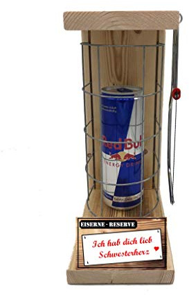 Notfall Red Bull Geschenk - Red Bull Geschenkidee - Eiserne Reserve - Ich hab dich lieb Schwesterherz Red Bull Gitter incl. Säge - lustige Geschenkidee - Text rot