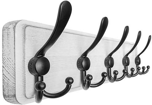 Dseap Garderobe, Garderobenhaken - Robust Vintage Garderobenleiste Holz mit 5 Dreifachhaken, Kleiderhaken Wand, Hakenleiste, für Jacken Mäntel Handtaschen, Retro Weiß