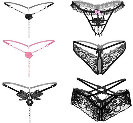 linjinde 6 Stück Damen G-String mit Perlen, Blumen, Lochset, schwarze Spitze, sexy Tanga, Unterwäsche mit offenem Schritt, G-String-Dessous, Tangas, V-String-Höschen, 6 Muster