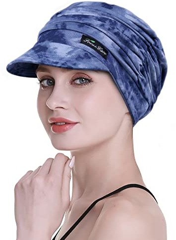 FocusCare, Cappelli morbidi per chemioterapia, in bambù, con visiera e a turbante, da donna, adatti per la perdita di capelli, Blue-F., Etichettalia unica