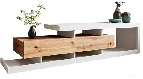Mirjan24 TV Lowboard Lofor, 2 Schubladen, Grifflose Öffnen, TV Board Sideboard, Fernsehschrank, Unterschrank, TV Tisch, Fernsehtisch (Weiß/Wotan)