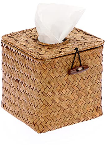 Sumnacon Taschentuchbox-Abdeckung, quadratisch, Seegras, Taschentuchbox mit Deckel, gewebter Taschentuchbox-Halter, rustikaler Würfel, Taschentuchabdeckung für Badezimmer, WC, Schlafzimmer,