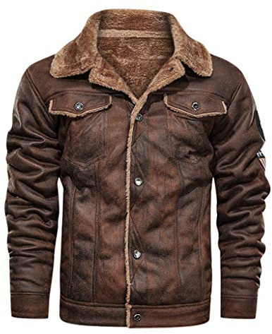 Herren Fliegerjacke Leder Gefüttert Teddy-Fleece Kunstleder Bomberjacke Pilotenjacke Lederjacke Cargo Militär Pilot Winter Jacke Softshelljacke Übergangs Bikerjacke (Brown, M)
