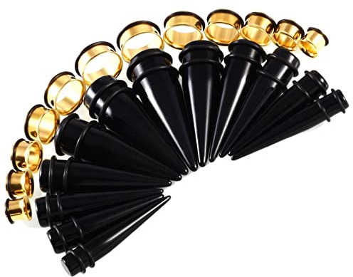 Dehnstäbe Edelstahl, Tunnel Expander mit 24PCS Gold Kegel und Doppelt Aufgeweitet Body Piercing Schmuck Geschenk Set