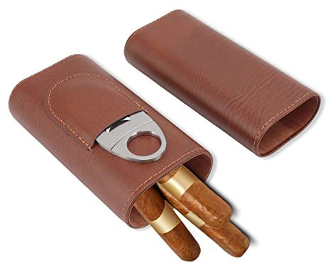 Estuche para cigarros de cuero marrón de 3 dedos Porta cigarros portátil Forro de madera de cedro con humidificador pequeño de tijera para regalo de viaje para novio y esposo