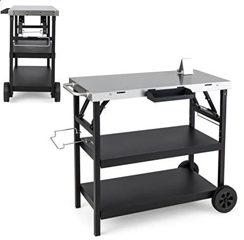 TANGZON Movable Dining Table Cart, 3-Tier Stainless Steel Flattop Food Prep Serving Table with 2 Wheels, Side Handle, Spice Rack & Phone Holder, Outdoor Folding Pizza Oven Trolley for BBQ Picnic