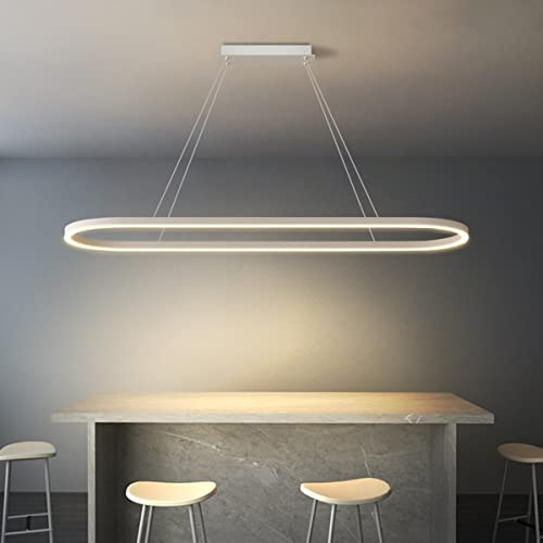 Bellastein LED Büro Pendelleuchte Modern Ovales Desig Esstisch Hängeleuchte dimmbar mit Fernbedienung Pendellampe Hoehenverstellbar Deckenlampe für Büro Esstisch Arbeitszimmer (Weiß, L120cm/42W)
