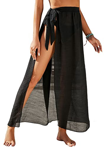 Damen Sarong Pareo für Strandurlaub, Lange Strandkleid Sommer Bikini Cover Up Chiffon Badeanzug Wickelrock Strand Rock Frauen Mädchen Side Strappy Sarong Strandrock Strand Wear Cover (Schwarz)
