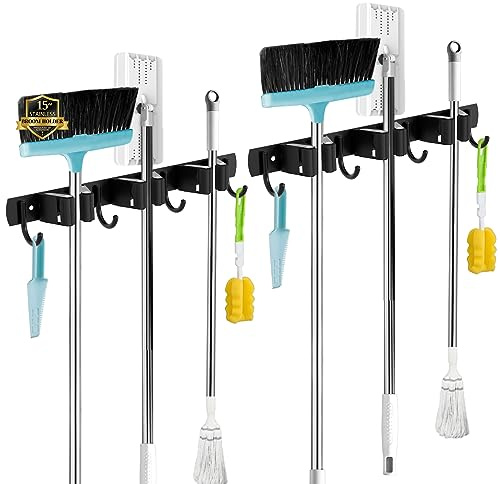 Besenhalterung Wand 3 Halter + 4 Haken 2Pack Schwarz Edelstahl Gerätehalter | wandhalterung besen: Nagelmontage und starke Klebepads; lange Stiele bleiben geordnet.
