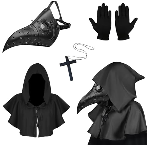 Kungfu Mall Pestarzt-Maske, Gothic, Cosplay, Retro, Steampunk, Requisiten, Vogelmaske und schwarze Party-Handschuhe für Halloweenkostüm