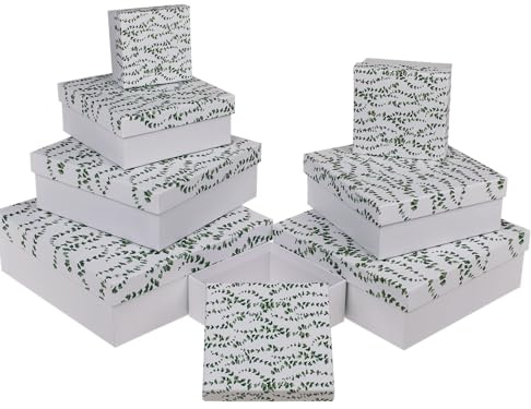 Weiße Geschenkkartonage, Eukalyptus, ca. 22,5 x 22,5 x 8 cm, 8er Set, einzelne EAN-Auszeichnung