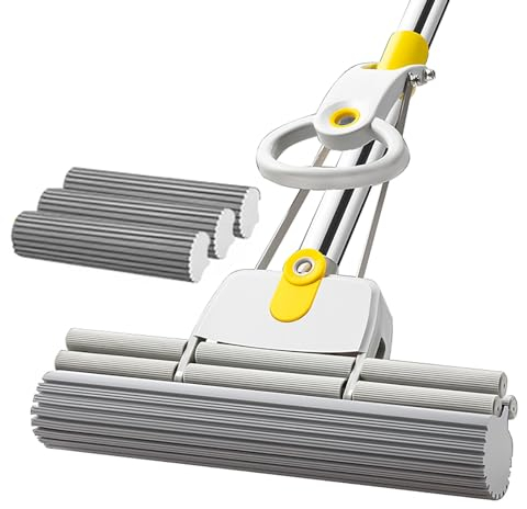 Extra Grande Mocio in Spugna, Lavapavimenti, Mocio Autostrizzante Scopa Lavapavimenti, Scopa in Spugna con Rullo A 2 File da 43cm, Palo in Acciaio Inox Lungo 135cm, Pulizia Pavimenti(3 Heads)