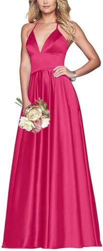 Vestidos de fiesta de satén con cuello en V doble para mujer, vestidos largos formales de noche para graduación, fucsia, 34