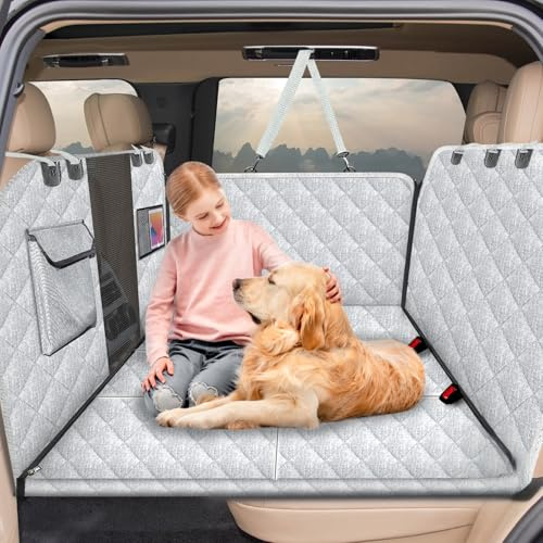 Vinstatin Hundedecke Auto Rückbank - wasserdichte, Kratzfeste & Reißfeste Autoschondecke mit 180kg Tragkraft, Stabilem Hartschalenboden,Belüftungsnetz,Sicherheitsgurt & Waschbar – Für Autos, SUV