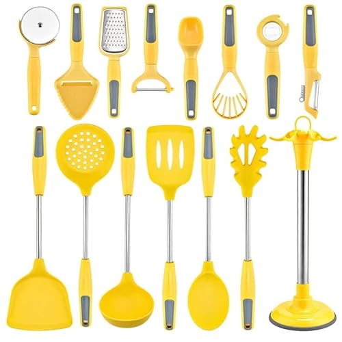 Silicone Cooking Utensil Set, 15 pcs Stainless Steel Silicone Cooking Kitchen Utensils Set, Cooking Utensils for Nonstick Cookware, Kitchen Gadgets and Spatula Set - Yellow/610