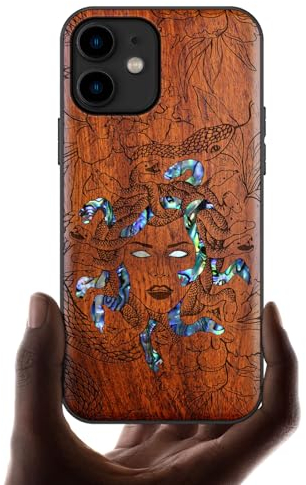 Carveit Coque Compatible avec iPhone 11 Étui en Bois Cover [Gravure en Bois et Incrustation de Coquille] Case pour 11 Coque Premium (Rosé-L'énigme méduse)