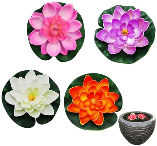 Dorccsi Nénuphar Artificiel en Mousse, Fleur de Lotus, décor d'étang pour étang, Patio, Jardin, Piscine, 4 pièces, lys avec Stylet, Fleurs flottantes pour étangs, décor d'étang, nénuphar Artificiel