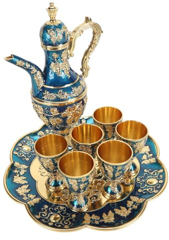 SUPBEI Juego de Té Vintage, Juego de Cafetera de Metal, Juego de Tazas Turcas con Bandeja de Tetera y 6 Tazas para Café, Té, Vino, Whisky, Hogar, Bar, Té, Boda, Fiesta, Adornos Artesanales