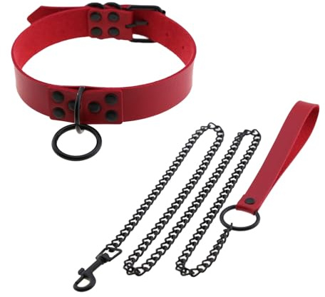 EUPSIIU PU Leder Punk Choker Rot Weiches Leder Halsband O-Ring Choker Halskette für Mann Frauen Sexy Goth Choker Gürtel Geschirr Verstellbare PU Choker Halsketten Halloween Zubehör für Cosplay