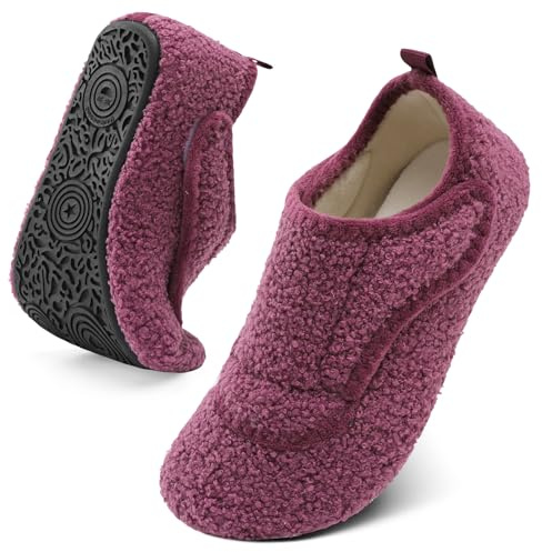 BARERUN Women's Men's Washable Slippers With Wide Widths Soft Comfy Winter Socks Double Buckle Shoes for Swollen Diabetic Edema Neuropathy Orthopedic Bunion Feet Purple 8-9 Women 6.5-7.5 Men