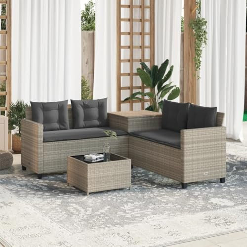 Homgoday Gartensofa Tisch und Kissen in L-Form, hellgrau, Polyrattan, Gartenmöbel für den Außenbereich, Sofa, Sofa für Terrasse im Freien, Möbel