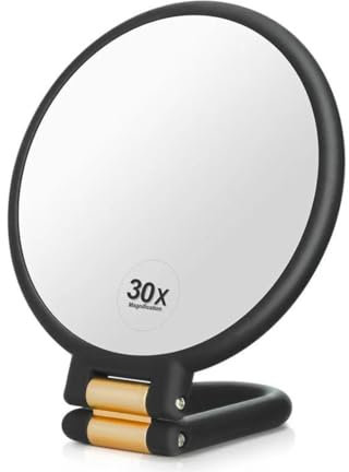 Miroir grossissant x30, miroir à main avec poignée, miroir double face avec grossissement 30x/1x, miroir de voyage essentiel, miroir de maquillage portable pliable pour maquillage de précision, noir