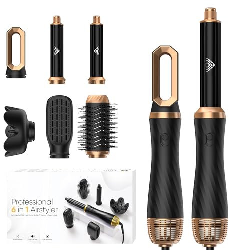 Secador 6 en 1, Cepillo de Aire Air Styler Set 6 Cabezales Intercambiables 3 Temperaturas Cepillo Moldeador De Pelo Cepillo Secador Pelo uego de brochas para secar el cabello