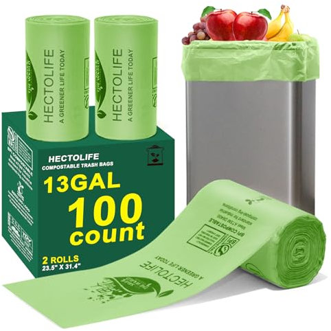 13 Gallon,100 Count, Compostable Trash Bags with Drawstring,Tear Resistant Kitchen Food Scrap Waste Bag, ASTM D6400, US BPI and Europe OK Compost Home Certified
