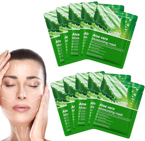 FunnAura 10 Pcs Aloe Vera Face Masks Skincare Sheet, Moisturizing Hydrating Face Mask for All Skin Types