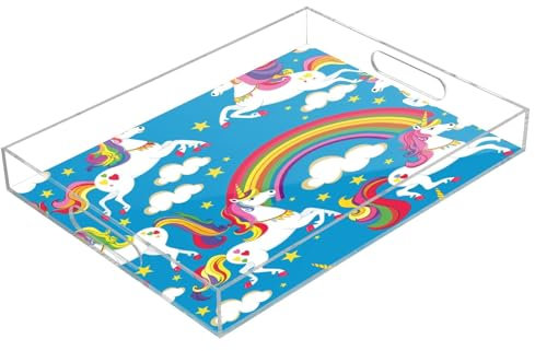Unicorn and Rainbow Blue Acrylic Serving Trays, Clear Rectangular Tray with Handles Serving Platter for Coffee Table Kitchen Bathroom
