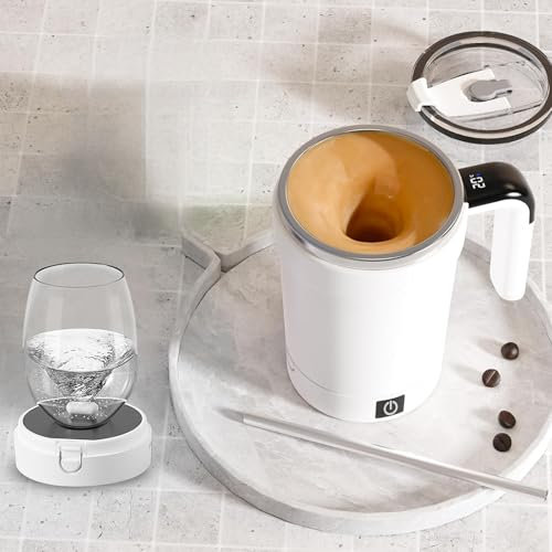SciFiVisi Selbstrührende Kaffeetasse, 380ml Utomatic Magnetic Stirring Coffee Mug aus Edelstahl, Intelligenter Magnetischer Automatischer Rührbecher zur Temperaturmessung für Kaffee, Milch(Weiß)