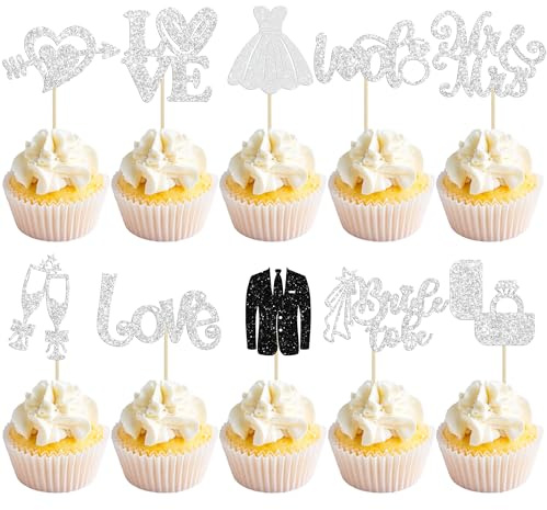 Ephlyn 30Pcs Bride to be Cupcake Toppers Glitter Diamond Ring Love I Do Cupcake Picks for Miss to Mrs Bridal Shower Wedding Engagement Bachelorette Cupcake Decorations Party Supplies Silver