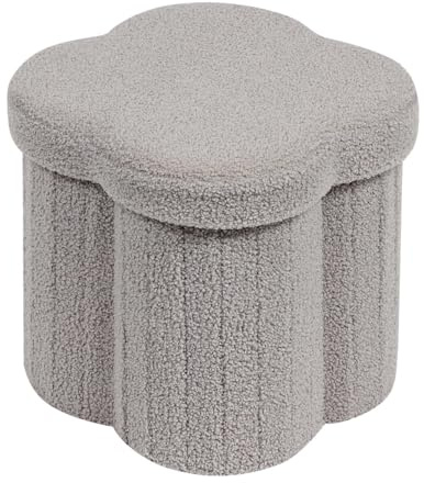PINPLUS Faltbarer Hocker mit Stauraum, Bouclé, Blume, 32x32x32 cm, Grau | Dekorativer Sitzhocker, Aufbewahrungsbox mit Deckel, Fußablage, platzsparend, für Schminktisch, Schlafzimmer, Wohnzimmer