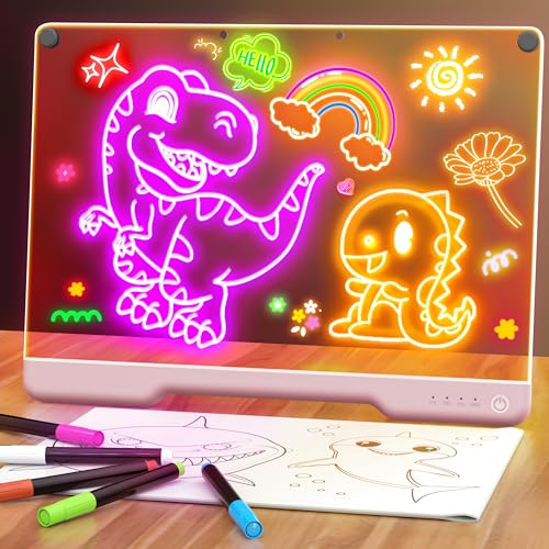 LED Note Board with 7 Color Light Modes, 16-Inch Rechargeable Neon Glow Art Dry Erase Light Up Drawing Pad with Built-in Stand for Kids, Sketching Gift Toy for Teens, 5 Markers, Pink