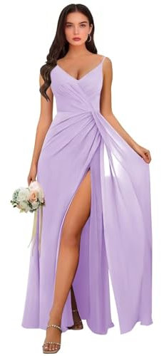 Vestido de gasa para dama de honor, largo con cuello en V, tirantes delgados, vestido formal de noche con abertura fruncida, vestido de invitada de boda, Lila, 58 Grande