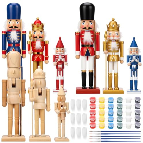 Vercraft 9 Set Unfinished Nutcracker Wooden Unpainted Nutcrackers Christmas Plain Paint Your Own Nutcracker Figurines Craft Kit Ornaments with Paint and Brush for Xmas Holiday Decoration