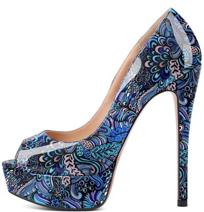 EDEFS Escarpins Stiletto Femme 15 cm Plateforme Talons Hauts avec Bout Ouvert & Bout Rond Prêts pour Travail Soirée Fleur Bleue EU41
