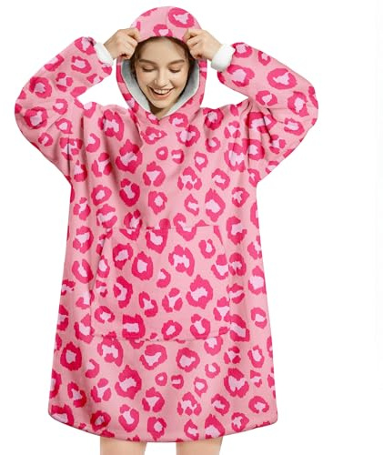 Queenshin Pläd huvtröja dam herr sherpa fleecefilt, vinterpläd poncho med ficka och varm ärm, mjuk bekväm för vuxna, Rosa leopard, One size
