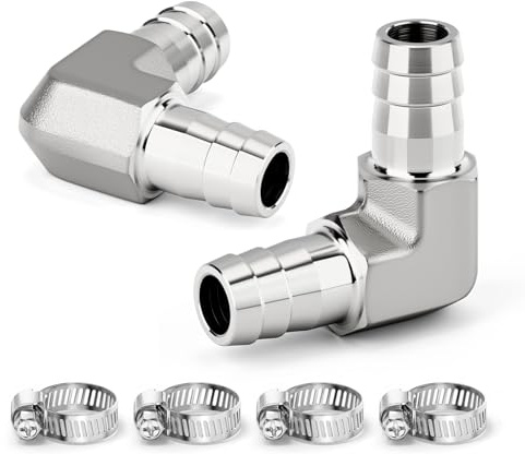 ERGAOBOY 2 stycken 90 graders vinkel slangkontakter, 304 rostfritt stål 12 mm L-formad anslutning med slangklämma för bränsle/luft/vätska/gas