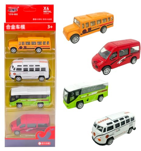 CLKDPNO 4PCS Toy Bus with Gift Box, Alloy Diecast Pull Back Bus Toy Vehicles, Mini Buses Toy, Metal Cars Model, Toy Car Model Pull Back City Buses Kids Gifts for Boys, Girls