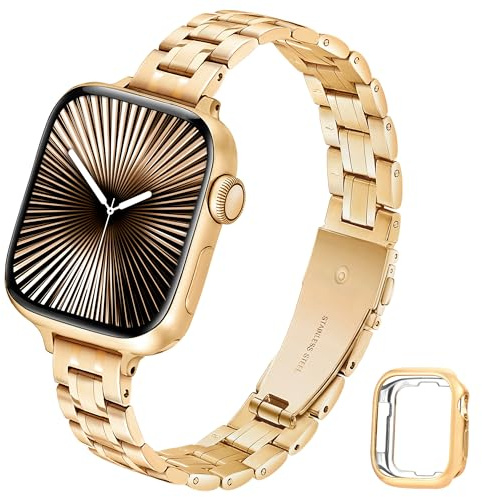 Light House Metal Strap with Soft Case Compatible with Apple Watch Series 11/10 46mm 42mm, Adjustable Stainless Steel Replacement Apple Watch Strap, Fashion Design for Women Men, Gold/Silver/Rose Gold