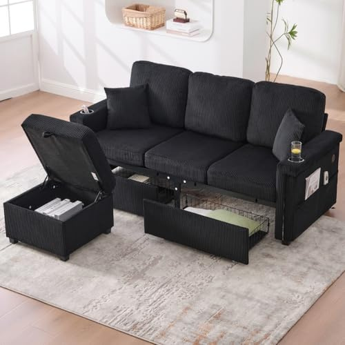 UIHECTA L-FöRmiges Ecksofa Mit Stauraum Und Beweglichem Ottoman, 3-Sitzer-Sofa Aus Cord Mit USB-Ladefunktion, GeträNkehalter Und Led-Licht, Umwandelbare Sofas FüRs Wohnzimmer,Schwarz