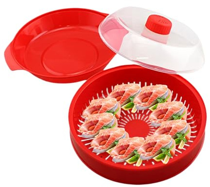 Vaporiera (21x21x18cm) – PP | Cestello Doppio Microonde Con Coperchio | Utensile Cucina Senza BPA | Strumento Multiuso Per Verdure, Pesce, Riso, Pasti Sani E Cottura Veloce